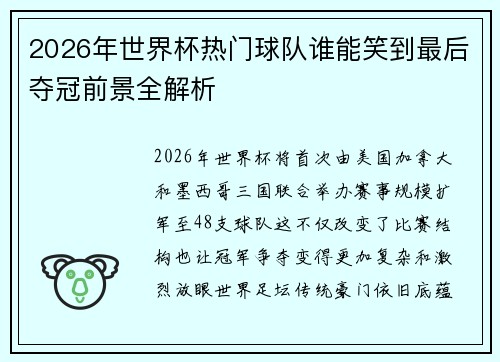 2026年世界杯热门球队谁能笑到最后夺冠前景全解析