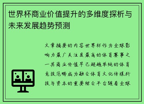 世界杯商业价值提升的多维度探析与未来发展趋势预测